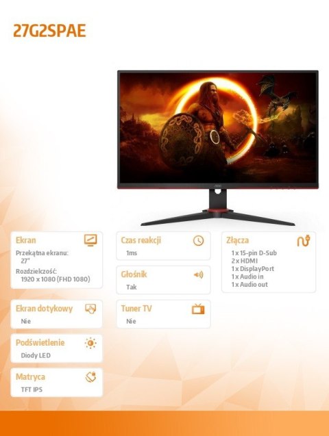 Monitor AOC 27G2SPAE 27 cali IPS 165Hz z głośnikami FreeSync