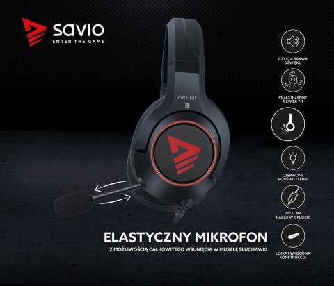 Słuchawki Gamingowe SAVIO Vertigo 7.1 USB z mikrofonem nauszne