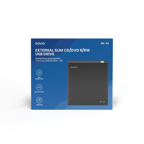 Zewnętrzny napęd Savio AK-43 Slim CD/DVD R/RW USB 2.0 kompaktowy