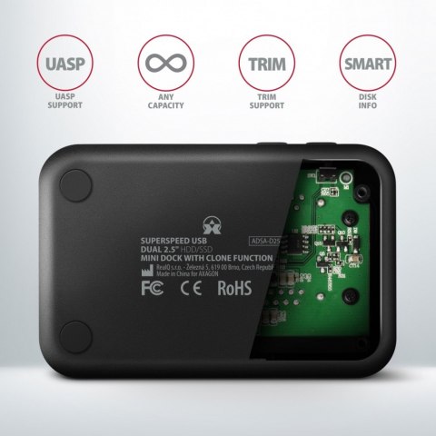 ADSA-D25 MINI stacja dokująca USB 3.2 klonująca 2x SATA 6G 2.5 SSD HDD