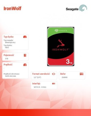 Dysk Seagate IronWolf 3TB 3.5'' HDD wydajny do NAS z 256MB buforem