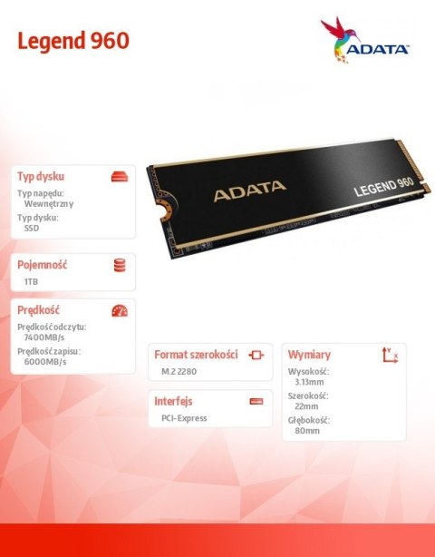 Dysk SSD Adata Legend 960 1TB PCIe 4x4 7400 MB/s szybki M.2
