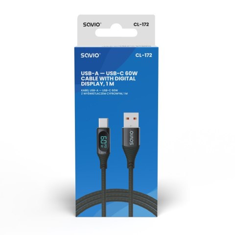 Kabel USB Savio CL-172 USB-C 60W z cyfrowym wyświetlaczem 1m