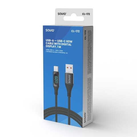 Kabel USB Savio CL-172 USB-C 60W z cyfrowym wyświetlaczem 1m