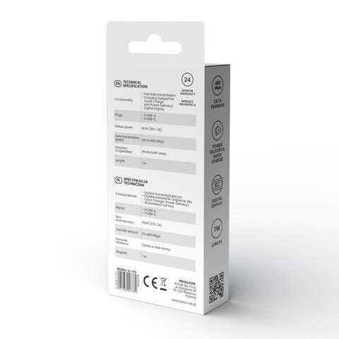 Kabel USB Savio CL-172 USB-C 60W z cyfrowym wyświetlaczem 1m