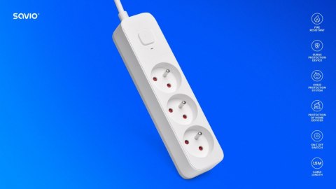 Listwa zasilająca Savio LZ-07 3 gniazda 1.5 m przeciwprzepięciowa z wyłącznikiem
