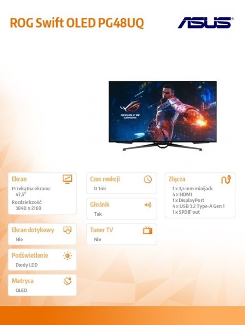 Monitor Asus ROG Swift OLED PG48UQ 47,5 cali 4K gamingowy OLED 138Hz