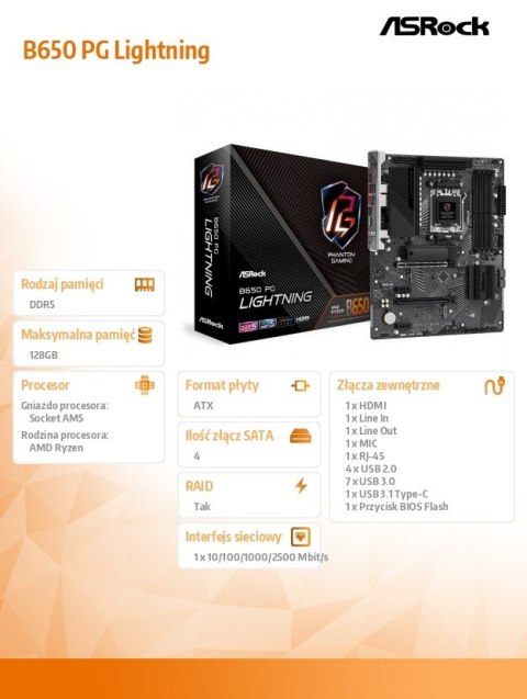 Płyta główna ASRock B650 PG LIGHTNING AM5 4DDR5 HDMI ATX wydajna