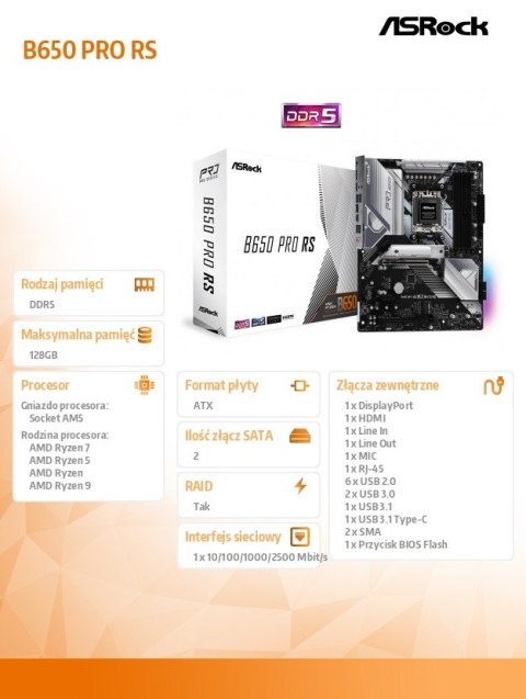 Płyta główna ASRock B650 PRO RS ATX HDMI DDR5 4x M.2 20Gbps