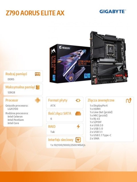 Płyta główna Gigabyte Z790 AORUS ELITE AX S1700 4DDR5 ATX gamingowa