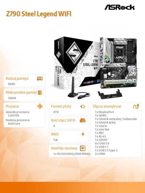 Płyta główna ASRock Z790 Steel Legend WIFI LGA1700 DDR5 ATX 6800MHz