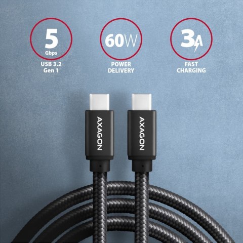 Kabel AXAGON BUCM3-CM10AB USB-C 3.2 Gen1 1m PD 60W wytrzymały oplot czarny