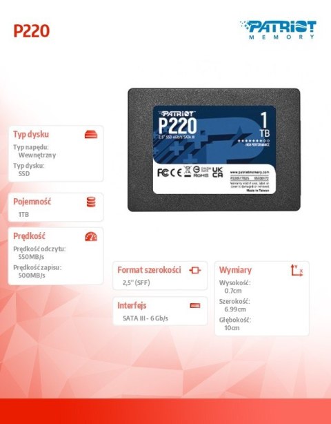 Dysk SSD Patriot P220 1TB 550 500MB/s SATA III 2.5 cala wydajny