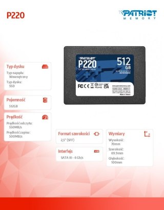 Dysk SSD Patriot P220 512GB SATA III 2.5'' 550MB/s 500MB/s wydajny