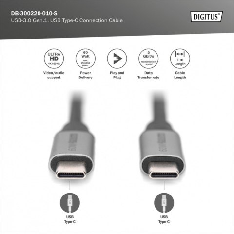 Kabel USB 3.0 Typ C M/M 1m 60W 5Gbps czarny do ładowania i transmisji