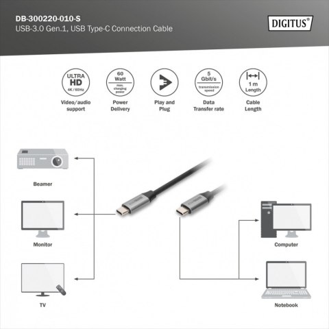 Kabel USB 3.0 Typ C M/M 1m 60W 5Gbps czarny do ładowania i transmisji