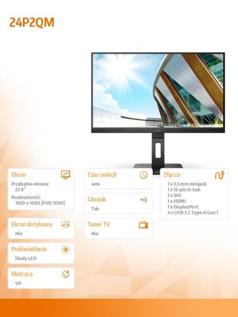 Monitor AOC 24P2QM 23.8 FHD VA 75Hz HDMI DP DVI Pivot ergonomiczny
