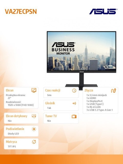 Monitor Asus VA27ECPSN 27 cali FHD 75Hz z głośnikami i USB-C