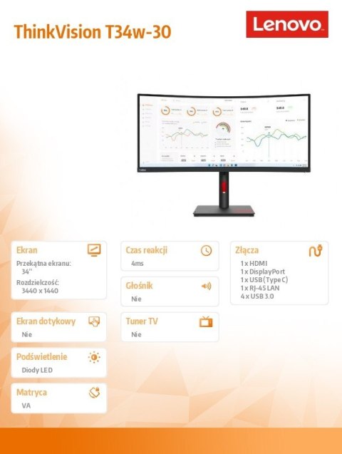 Monitor Lenovo ThinkVision T34w-30 34 cale WLED matowy 3440x1440