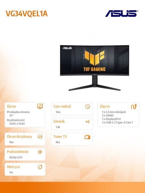 Monitor Asus TUF Gaming VG34VQEL1A 34 cala zakrzywiony UWQHD 100 Hz