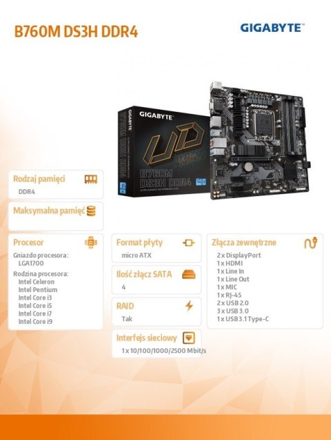 Płyta główna Gigabyte B760M DS3H DDR4 s1700 mATX z chipsetem Intel
