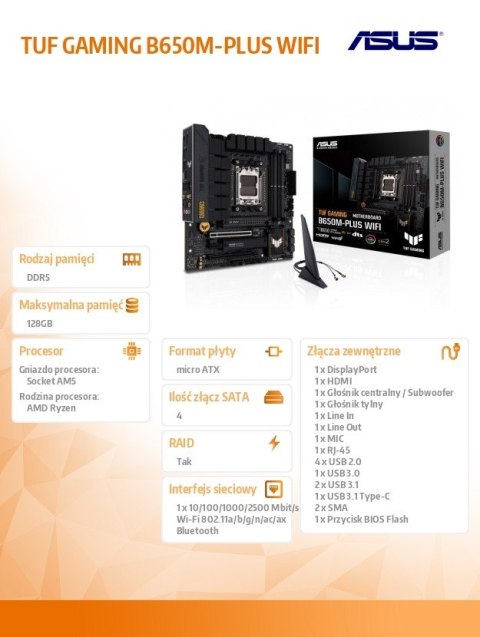 Płyta główna Asus TUF GAMING B650M-PLUS WIFI AM5 mATX 4x DDR5