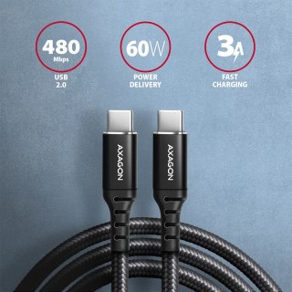 Kabel USB-C AXAGON BUCM-CM30AB 3m PD 60W wytrzymały z nylonowym oplotem