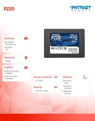 Dysk SSD Patriot P220 256GB 2 5 SATA III szybki 550 MB s