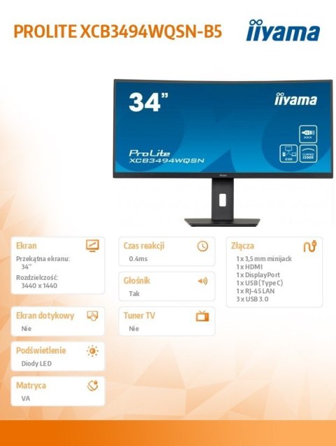 Monitor IIYAMA ProLite XCB3494WQSN-B5 34 cale UWQHD zakrzywiony z USB-C
