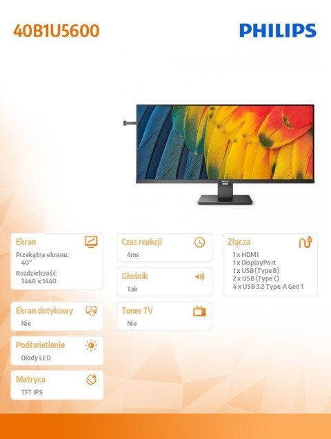 Monitor Philips 40B1U5600 40 cale UltraWide QHD IPS z USB-C i głośnikami