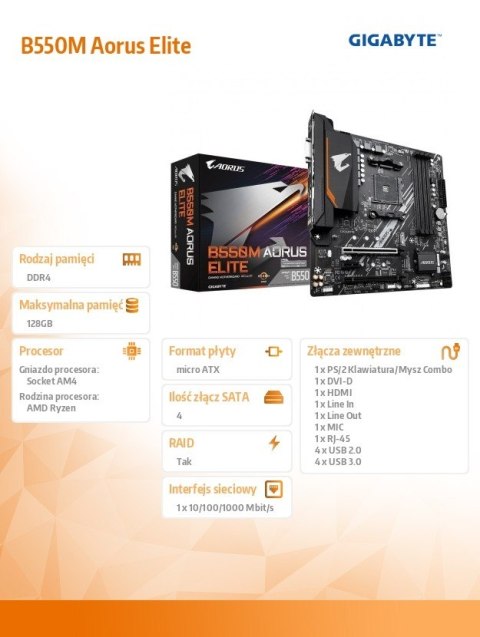 Płyta główna Gigabyte B550M AORUS ELITE AM4 mATX 4DDR4 2HDMI DVI-D