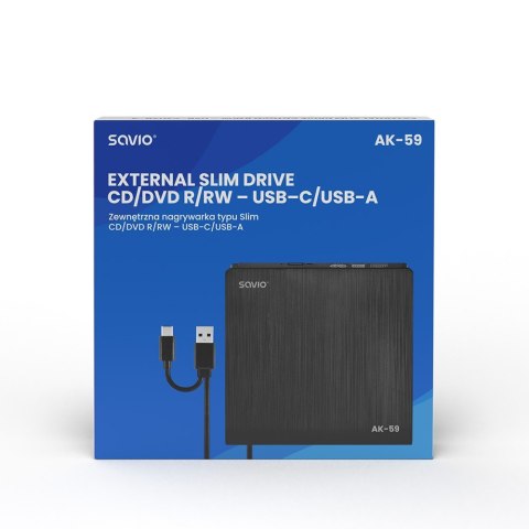 Zewnętrzna nagrywarka Savio AK-59 Slim CD/DVD USB-C USB-A