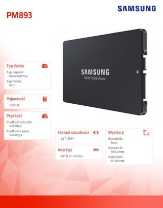 Dysk SSD Samsung PM893 7.68 TB SFF SATA III szybki i niezawodny