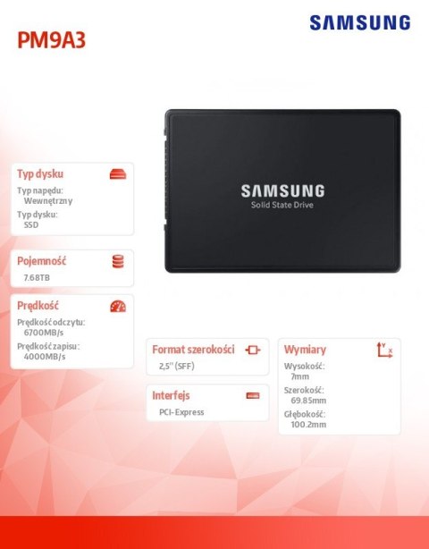 Dysk SSD Samsung PM9A3 7680GB PCIe szybki wewnętrzny 2.5"