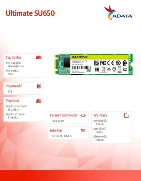 Dysk SSD Adata Ultimate SU650 1TB M.2 2280 wydajny 3D NAND