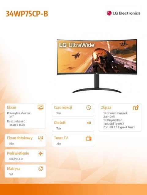 Monitor LG 34WP75CP-B 34 UltraWide QHD VA zakrzywiony 160Hz