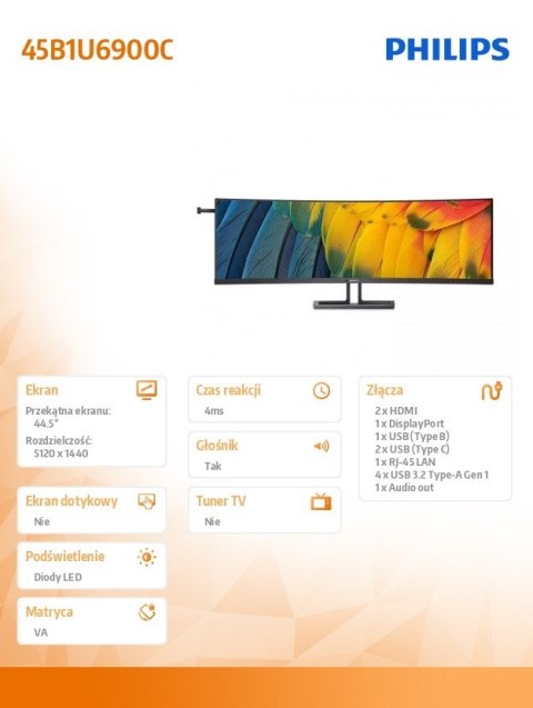 Monitor Philips 45B1U6900C 45 cali Curved VA USB-C HDMI KVM HDR Głośniki