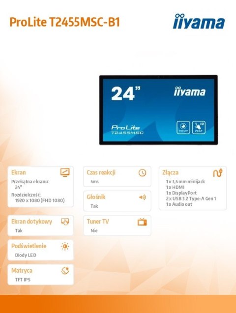 Monitor IIYAMA ProLite T2455MSC-B1 24 10-punktowy dotykowy z kamerą