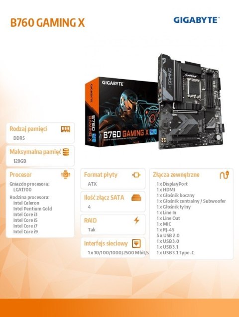 Płyta główna Gigabyte B760 GAMING X ATX 4DDR5 DP HDMI