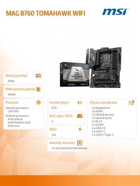 Płyta główna MSI MAG B760 TOMAHAWK WIFI ATX DDR5 z chłodzeniem