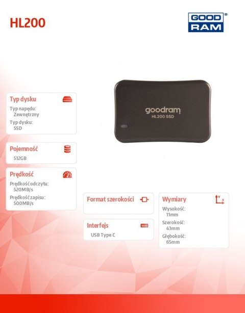 Dysk SSD GOODRAM HL200 512GB zewnętrzny USB-C 3.2 szybki odporny