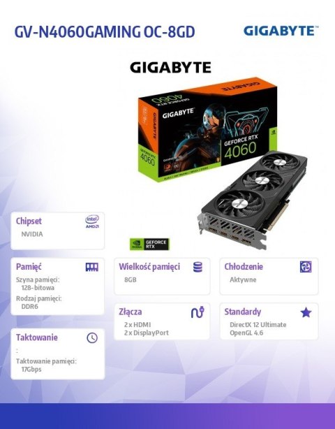 Karta graficzna Gigabyte GeForce RTX 4060 GAMING OC 8GB GDDR6 wydajny ray tracing