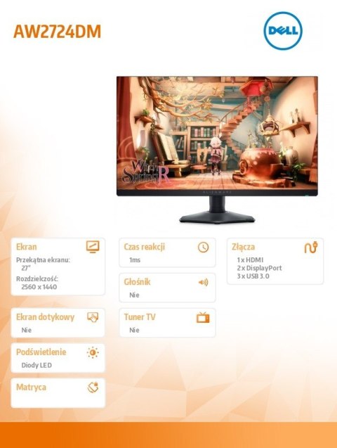 Monitor Dell Alienware AW2724DM 27 QHD LED do gier 180Hz