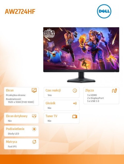 Monitor Dell Alienware AW2724HF 27 cali LED 360Hz FHD dla graczy