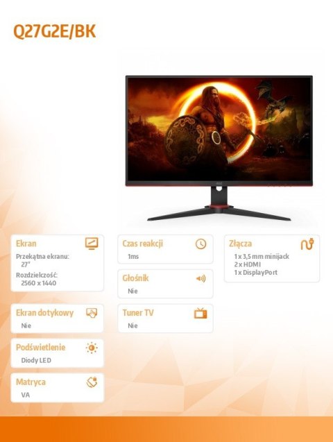 Monitor AOC Q27G2E 27 cali VA 155 Hz QHD z HDMI i DP