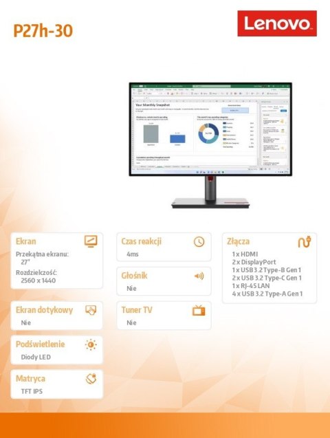 Monitor Lenovo ThinkVision P27h-30 27 cali QHD IPS ergonomiczny