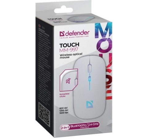 Mysz bezprzewodowa Defender TOUCH MM-997 akumulator ergonomiczna biała