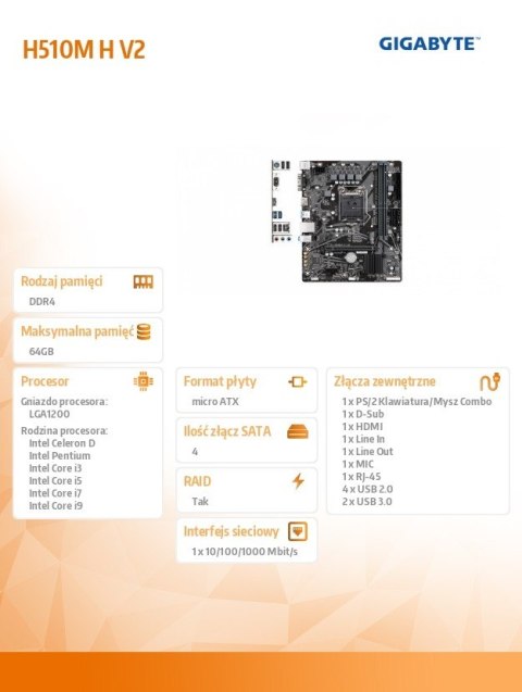 Płyta główna Gigabyte H510M H V2 mATX 2 DDR4 HDMI D-SUB M.2 Gamer