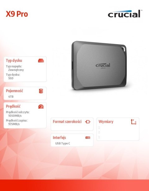 Dysk SSD Crucial X9 Pro 4TB zewnętrzny USB-C 3.2 Gen2 szybki