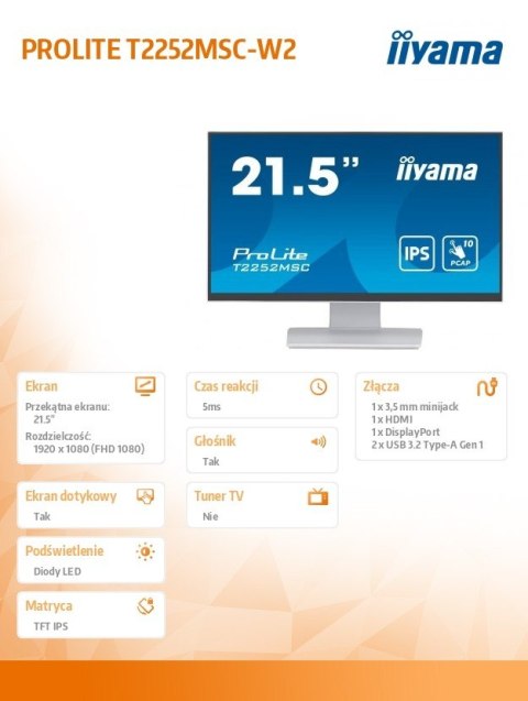 Monitor IIYAMA ProLite T2252MSC-W2 22 cale dotykowy IPS Full HD